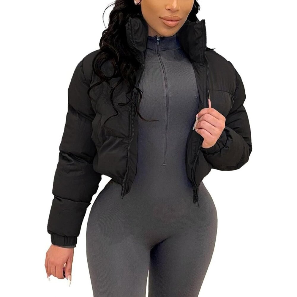 〽️Women’s Black Gihuo Cropped Puffer Zip-Up Quilted Winter Bubble Jacket